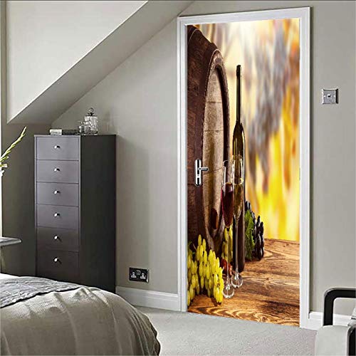 SdmmDa Etiqueta Engomada del Arte Mural De La Puerta 3D 95x215cmVino Tinto barricas de Roble Uvas PVC Vinilo Extraíble Murales de Papel Decorativos para el Hogar Baño Sala de Estar Dormitorio