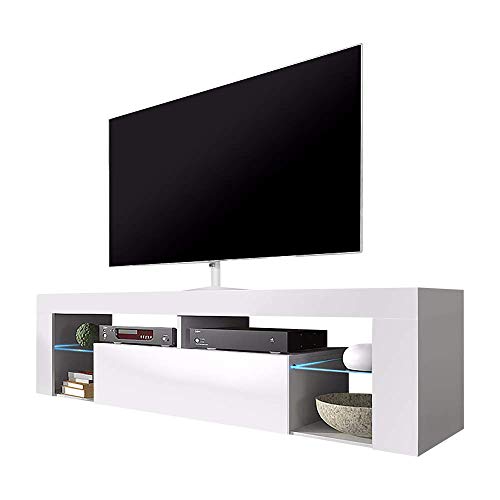 Selsey Bianko – Mueble bajo para TV Blanco Mate / Blanco Brillante con iluminación LED, 140 x 35 x 50,5 cm