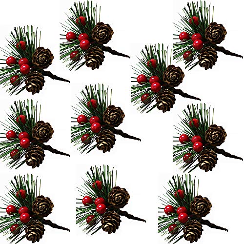 Sqxaldm Frutos Rojos Navideños y Piñas Decoración de Tallos de Bayas de Piñas Tallos de Bayas de Piña Artificial Mini Piñas Artificiales de Navidad Bayas Piñas Artificiales con Frutos Rojos(10 Piezas)