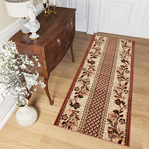 Tapiso Atlas Alfombra de Pasillo Cocina Escalera Diseño Clásico Marrón Beige Crema Flores Suave por Metros 70 x 230 cm