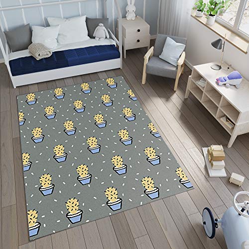 Tapiso Xeno Alfombra para Niños Bebés Sala de Jóvenes Diseño Moderno Gris Amarillo Azul Cactus Fina Suave 120 x 170 cm