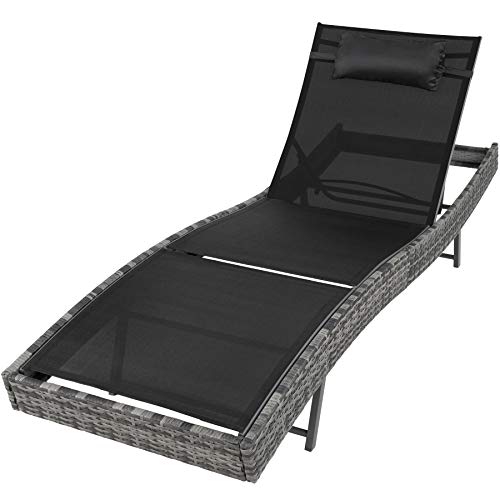 TecTake 403221 Tumbona Chaise Longue Poliratán, Respaldo 5 Niveles, Silla de Terraza Jardín, Ideal Interior Exterior Patio Balcón, Negro-Gris