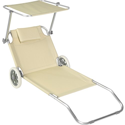 TecTake 800536 Tumbona de Playa con Ruedas, Respaldo Regulable, Asiento con Parasol, Silla Plegable, Jardín Patio Terraza, Mueble Exterior (Beige)