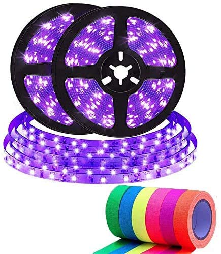 Tira de LED UV 10M con Neon Tape,600 LEDs Tira de LED 12V 2835 Luz Negra UV para Halloween, Fiesta de Navidad, Bares Decoración, Pintura Corporal, Pintura de Maquillaje de Neón