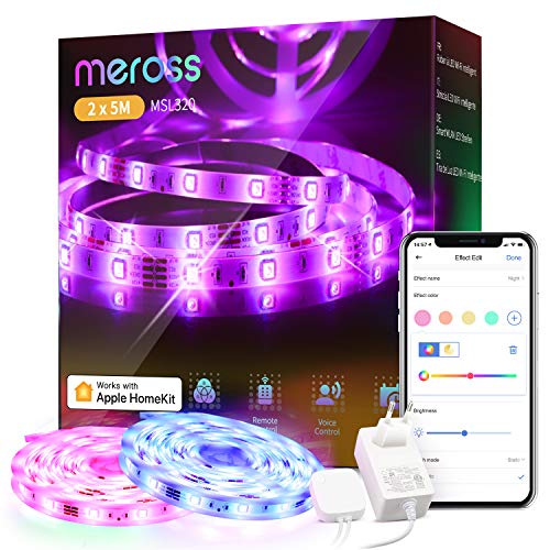 Tiras LED Wi-Fi Luces LED RGB 10M (5m*2), Tira de Luz IP20, 12V, Admite DIY. Compatible con HomeKit Siri, Alexa, Google Assistant y SmartThings. Decoración de la Habitación, meross.