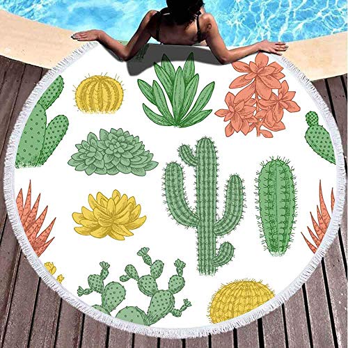 Toallas de playa redondas para niños, diseño de cactus, colección de suculentas de 60 x 60 pulgadas, toalla de playa grande redonda para niños, mujeres y niños