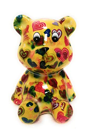 udc Pomme Pidou – Hucha de cerámica con oso Cyril amarillo, diseño de corazones – 11 x 9 x 9 cm