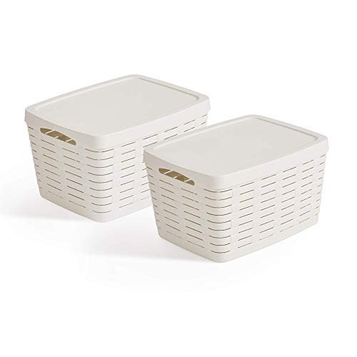 USE FAMILY Bamboo, Cestas almacenaje baño Tapa-Apilable-Plastico reciclable (41 x 31 x 23 (22L), Blanco Roto)