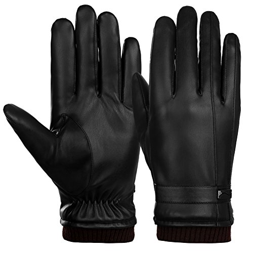 VBIGER Guantes de invierno de cuero de Pu para hombre L Negro 4