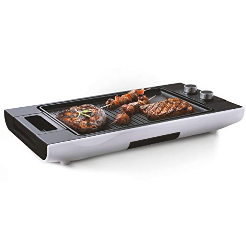 Venga! Grande parrilla de mesa Teppanyaki con placas, con control de temperatura ajustable y temporizador, revestimiento antiadherente, Diseño moderno, 1600 W, Blanco/Negro, VG GR 3010