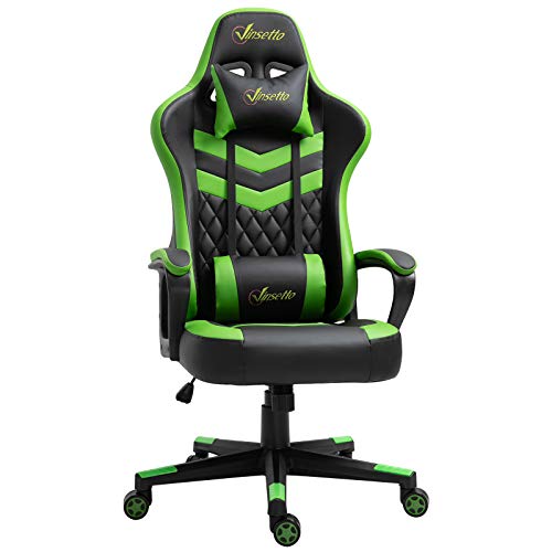 Vinsetto Silla Gaming Silla de Escritorio de Oficina Ergonómica Altura Regulable Basculante con Reposacabezas Cojín Lumbar 61x70x121-129 cm Verde