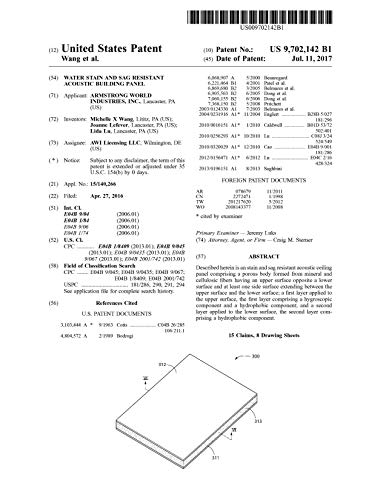 Water stain and sag resistant acoustic building panel: United States Patent 9702142 (English Edition)