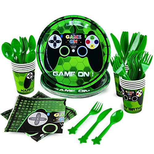 WERNNSAI Set de Artículos para fiestas de Videojuegos - Vajilla de Fiesta para Niños Cumpleaños Servilletas Platos Copas Horquillas Cuchillos Cucharas Sirve 16 Invitados 96 Piezas