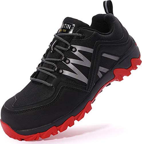 WHITIN Zapatos de Seguridad Hombres Zapatillas de Trabajo con Punta de Acero Ultra Liviano Reflectivo Anti-Deslizante Transpirable Zapatos de Industriay Construcción Negro Rojo 41 EU