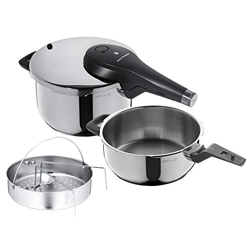 WMF Perfect Premium - Set de olla ultra rápida/a presión de 22 cm y 4,5 l, cuerpo de 3 l y cestillo de vapor, acero inoxidable cromargan, apto para inducción, fabricado en Alemania con certificado GS