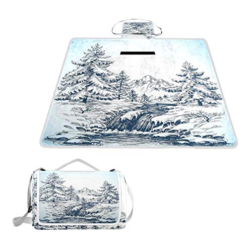 XINGAKA Manta de Picnic Impermeable，Nieve Invierno Paisaje Bosque de pinos Río Que Fluye Las montañas Ventisca，Alfombra Plegable para Camping Parque