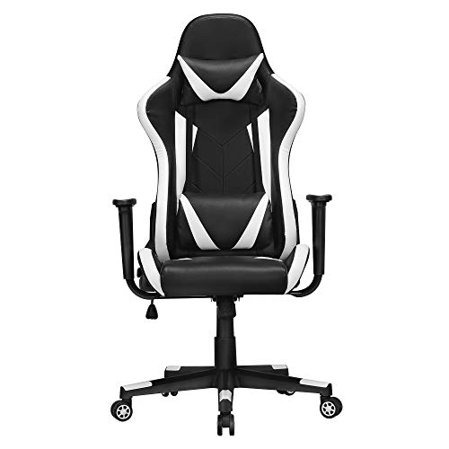 Yaheetech Silla Gaming Silla Reclinable Sillón de Oficina Giratorio Ergonómico Silla Carrera con Soporte Lumbar Reposabrazo Silla con Reposacabeza Negro/Blanco