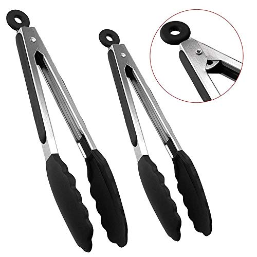 Ziyero Multiuso Pnzas de Parrilla Cocina Silicona Profesionales Pinzas de Ensalada, Borde de Diente con Gel de Sílice, para Familias, Restaurantes, Buffets, Campamentos, Barbacoas Etc—2 Piezas(Negro)