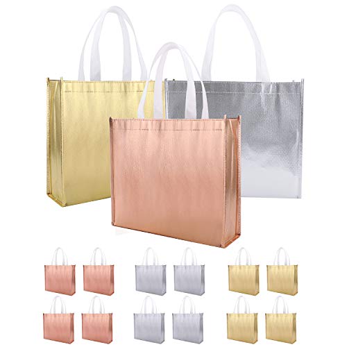 12 Bolsas de Regalo Grandes con Asa (Oro, plata, oro rosa) Bolsas de Tela con Estilo no Tejidas para Cumpleaños Favor de Fiesta de Boda, Baby Shower