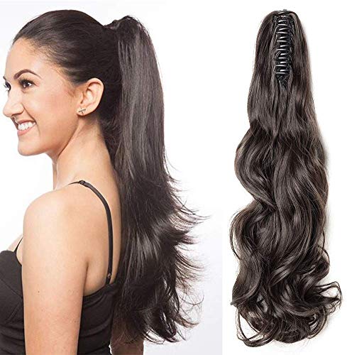 18"(45cm) Coleta Postiza con Pinza Pelo Sintético Se Ve Natural Extensiones de Cabello Clip Cola Rizada Ondulada Ponytail Extension (140g,Castaño Oscuro)