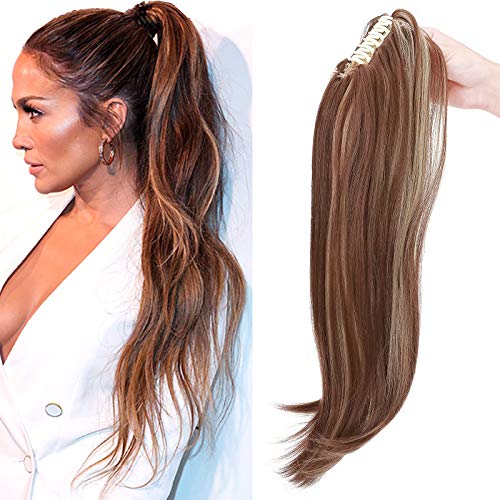 22"(55cm) SEGO Coleta Postiza con Pinza Pelo Sintético Se Ve Natural [Castaño Claro/Rubio Ceniza] Extensiones de Cabello Clip Cola Lisa con Poca Ondulada en Las Puntas Ponytail (155g)