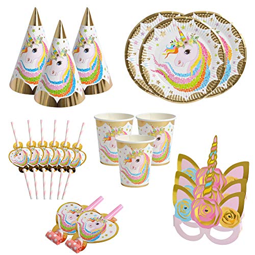 36 Piezas Vajilla Desechable Cumpleaños Unicornio de Platos Desechables Biodegradables Pancarta,Platos, Vasos, Vajilla, Servilletas y Mantel Decoraciones de Fiesta para Niños