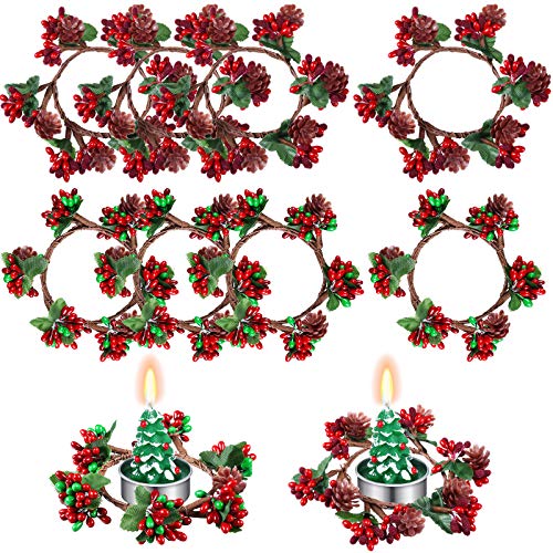 8 Piezas Portavelas Votivas de Navidad Anillos de Velas de Navidad Coronas de Anillos de Vela de Bayas Artificiales Rojas con Piñas para Pilares Decoración Navideña de Centro de Mesa