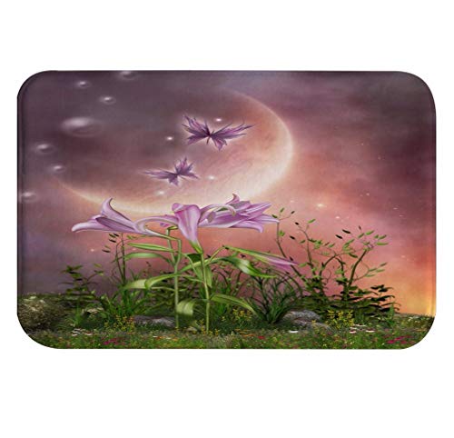 A.Monamour Mágico Planeta Lirio Flor Hada Mariposa Encantado Cuento De Hadas Escena De Jardín Absorbente Franela Alfombras De Baño Antideslizantes Alfombras De Piso Alfombra Interior 40X60 Cm