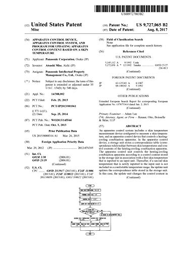 Apparatus control device, apparatus control system, and program for updating apparatus control content based on a skin temperature: United States Patent 9727065 (English Edition)