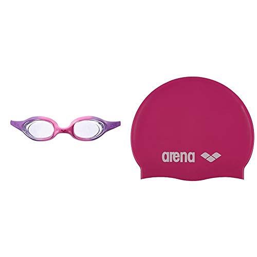 ARENA 92338, Gafas de Natación Infantil, Multicolor (violet / clear), Talla única + Classic Jr Gorro de Natación, Unisex niños, Rosa (Fuchsia/White), Talla Única