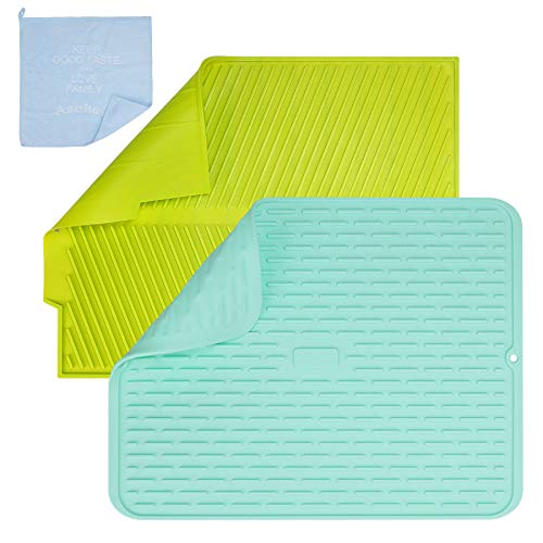 Aschef 2PCS Alfombrilla Escurreplatos de Silicona Alfombrilla para secar Platos de Silicona Resistente al Calor y Antideslizante para Encimera Cocina 43.0 x 33.0 CM, con Trapo