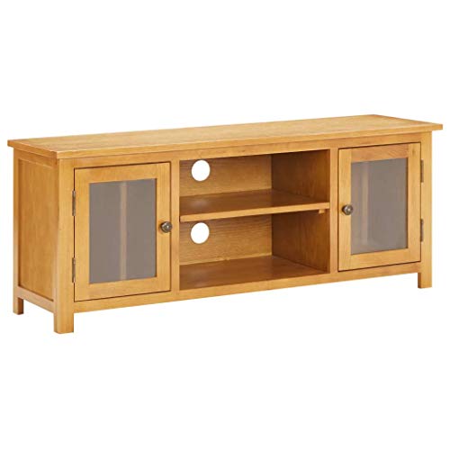 Ausla Mueble para TV de madera maciza de roble con paneles de cristal y 2 puertas, 2 compartimentos, 120 x 35 x 48 cm