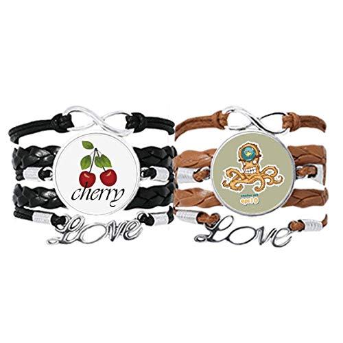 Bestchong Pulsera de piel con diseño de pulpo naranja y patrón de vida marina con cuerda de piel y cereza, juego doble