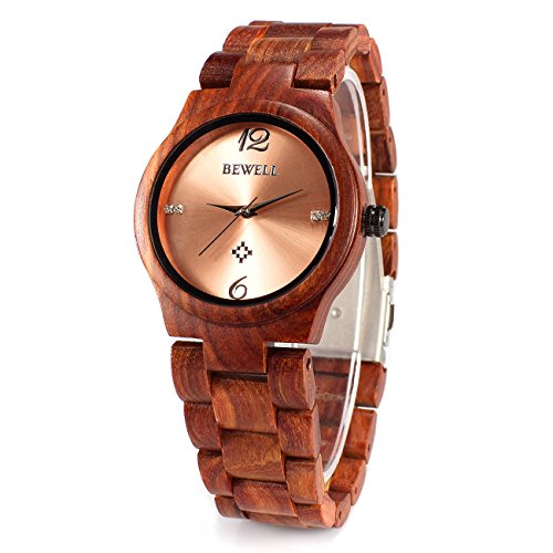 BEWELL153A Reloj de Pulsera analógico de Cuarzo Correo Lisa Hecho de Madera de sándalo con Apariencia Simple A la modera para Mujer (Rojo)