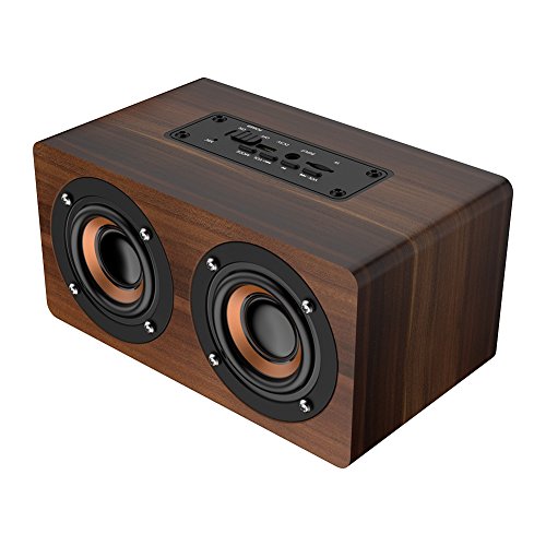 Bewinner Altavoz Bluetooth de Madera Subwoofer Retro Altavoz inalámbrico portátil con Radio FM HiFi Reloj de música Alarma Estéreo Subwoofer Soporte para Manos Libres(Grano Marrón)