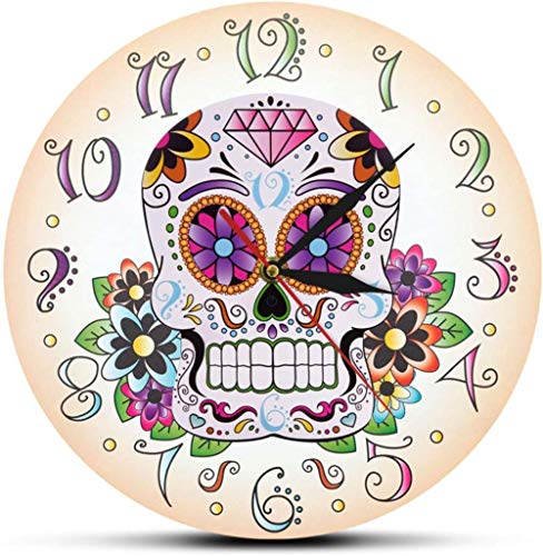 BINGTANGXUELI Co.,ltd Reloj De Pared Día De Los Muertos Reloj De Pared De Calavera Floral Mexicana Dia De Muertos Decoración del Hogar Español Reloj De Pared Colgante Relojes De Movimiento Silencioso