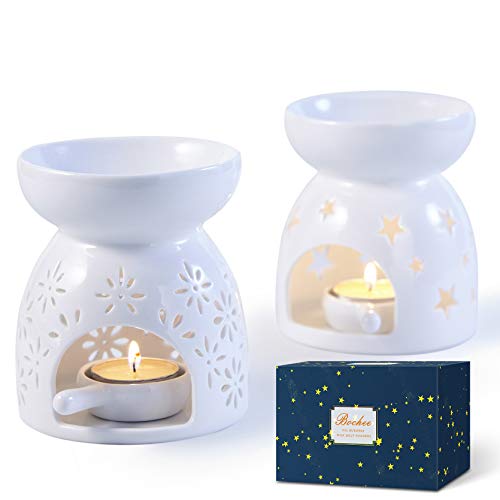 Bochee Quemador de Aceites Esenciales de Cerámica con Cuchara de Velas Paquete con 2 Patrones de Estrellas y Flores, Aromaterapia, Quemador de Esencias para Decoración del Hogar Meditación Regalo