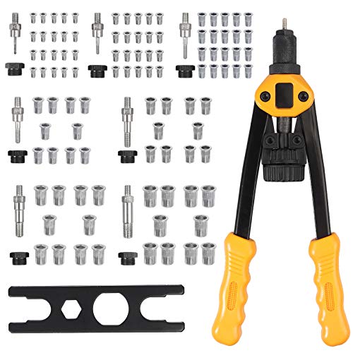 CAMWAY Pistola de Remachadora Remachadora de Mano con 7 Mandriles (M3, M4, M5, M6, M8, M10,M12 ) 100 pcs Tuercas con Estuche Llave para Cambiar