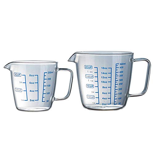 CHUTD Herramienta de medición de Vidrio, medición de medición de líquidos y en seco, Paquete de 2, 1 Taza, 2 Tazas, Utensilios de preparación para Hornear Transparentes, Medidas métricas, mililitr