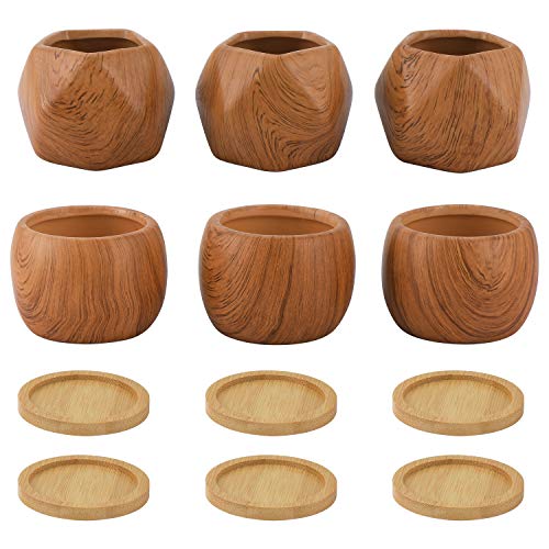 Coolty Macetero Suculento de Cerámica, Diseño de Madera Pequeño Macetero, Macetero de Cactus con Bandeja de Bambú para Decoración del Hogar y la Oficina Mesa de Comedor Sala de Estar Idea Regalo