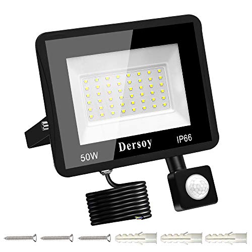 Dersoy 50W LED Foco Exterior con Sensor Movimiento, 3600LM Proyector LED Impermeable IP66 Floodlight Led Foco Blanco Frío 6500K Exterior Iluminación para Patio/Almacén/Camino/Jardín/Garaje