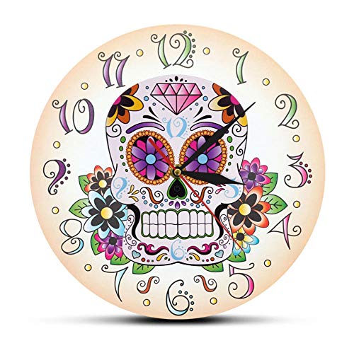 DFERT Reloj De Pared Día De Los Muertos Reloj De Pared con Calavera Floral Mexicana Decoración del Hogar Español Reloj De Pared Colgante Relojes De Movimiento Silencioso-Sin Marco