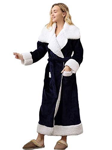 DFJU Bata de Mujer de algodón Kimono Bata de Punto para Mujer Albornoz Ropa de Dormir para Cuello de Piso de Invierno (Azul Marino, M-XL Cómodo (Tamaño: Grande)