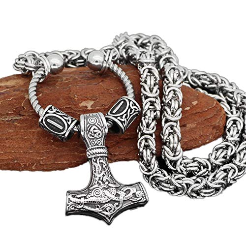 DFWY Thor's Hammer Colgante de Acero Inoxidable Collar Bizantino Rey, Nórdico Vikingo Vikingo Mjolnir Runa Abalorios, Odin Cuervo Celtic Nudo Tótem Escandinavo Joyería (Size : 60CM)