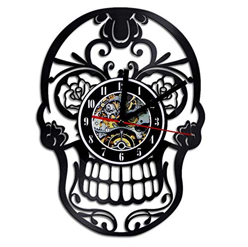 Disco De Vinilo Reloj De Pared De Diseño Moderno Flores Sugar Skull Classic CD Watch Relojes De Pared Colgantes Pegatinas 3D Decoración para El Hogar con Led 12 Pulgadas