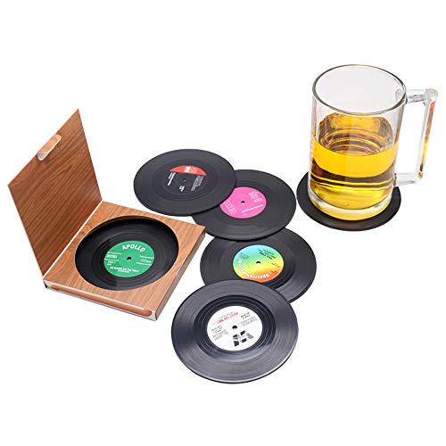 Dr.JIEER - 6 posavasos de vinilo con grabación de CD retro, posavasos de cristal, diseño retro para bebidas frías calientes y antideslizantes