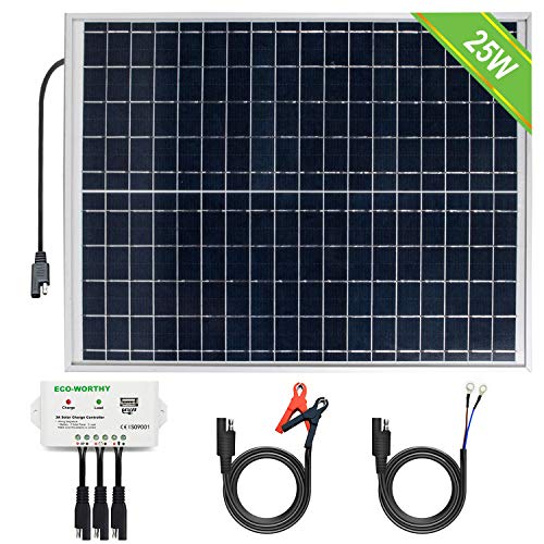 ECO-WORTHY Sistema de panel solar 12V 25W: Panel fotovoltaico policristalino de 1pc 25W con 3 cables y clips de batería 30A con cable de extensión de 6 pies y módulo solar de 3A 12V / 24V