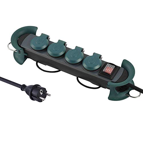 Electraline 62085 Regleta Base Profesional para Exteriores, 4 Enchufes Schuko con Enchufe IP44, Colgante con 2 Ganchos, Cable de Goma H07Rn-F 3G1.5 de 4 Metros, Color Negro/Verde