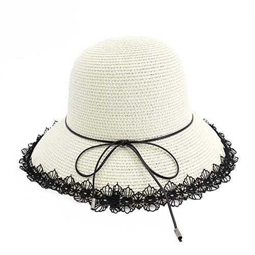 Elegante Sombrero para el Sol para Mujer, Gorra de Paja de Verano con ala Grande, Protección UV, Gorra de Playa con Correa Ajustable para la Barbilla, para Viajes/Playa/Vacaciones,Blanco,M