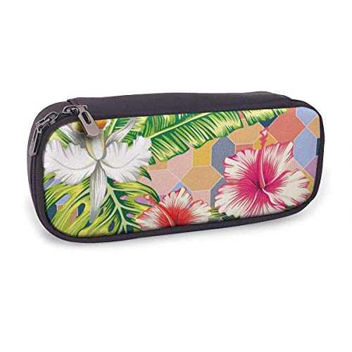 Estuche Escolar de Gran Capacidad,Composición Botánica Exótica Flores de Orquídeas Y Palmeras,Bolsa de Lápiz Organizador para Material Papelería con Cremallera Doble